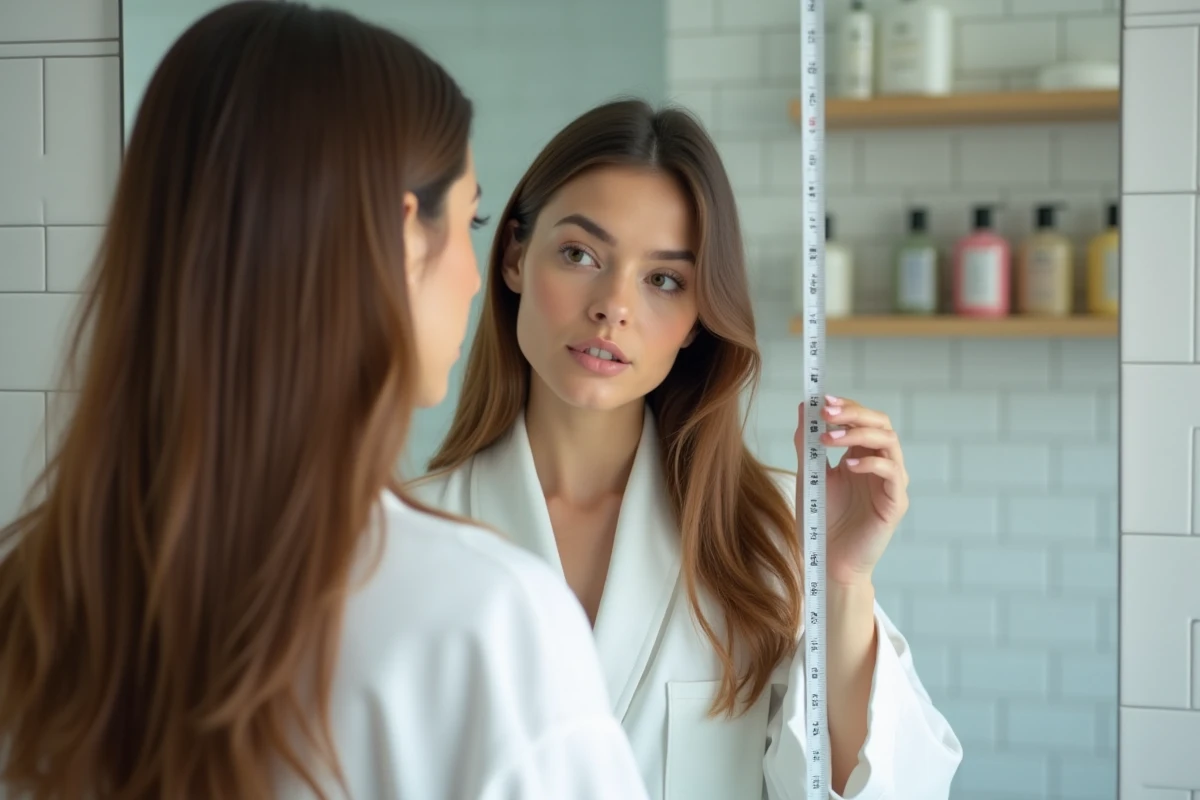 Femme mesurant la longueur de sa pousse de cheveux avec un mètre ruban dans une salle de bain