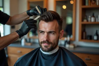 Homme assis dans un fauteuil de barbier avec une règle mesurant la croissance de ses cheveux courts