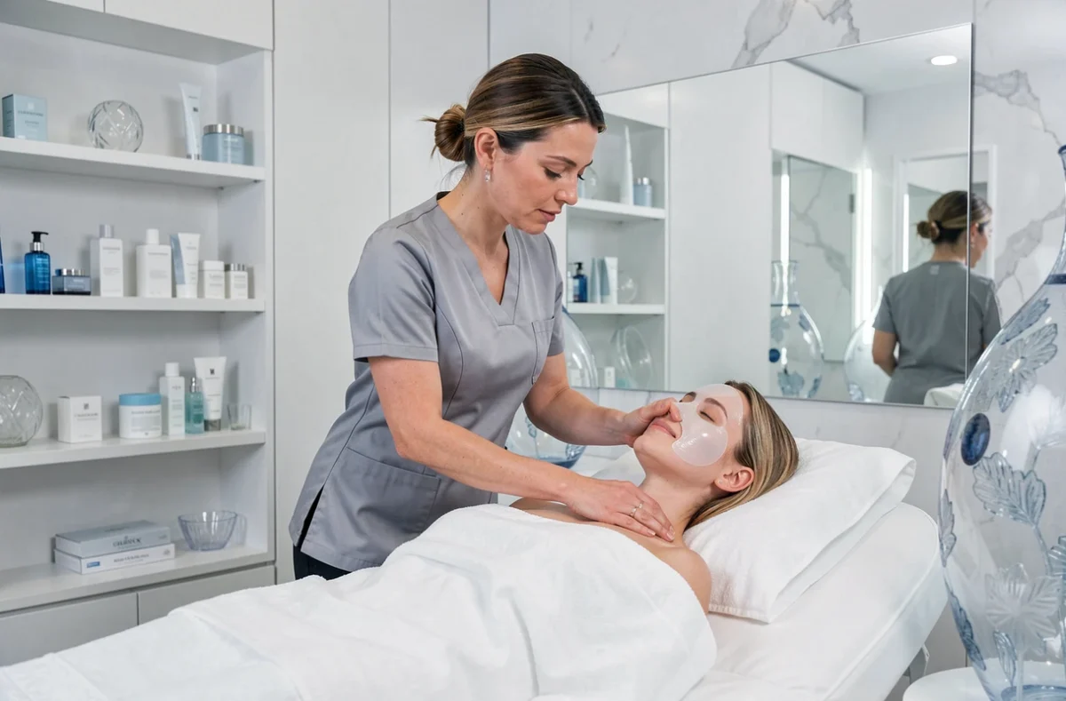 Esthéticienne appliquant un masque hydratant sur le visage d'une cliente dans le cadre épuré de l'institut Crystal à Sèvres