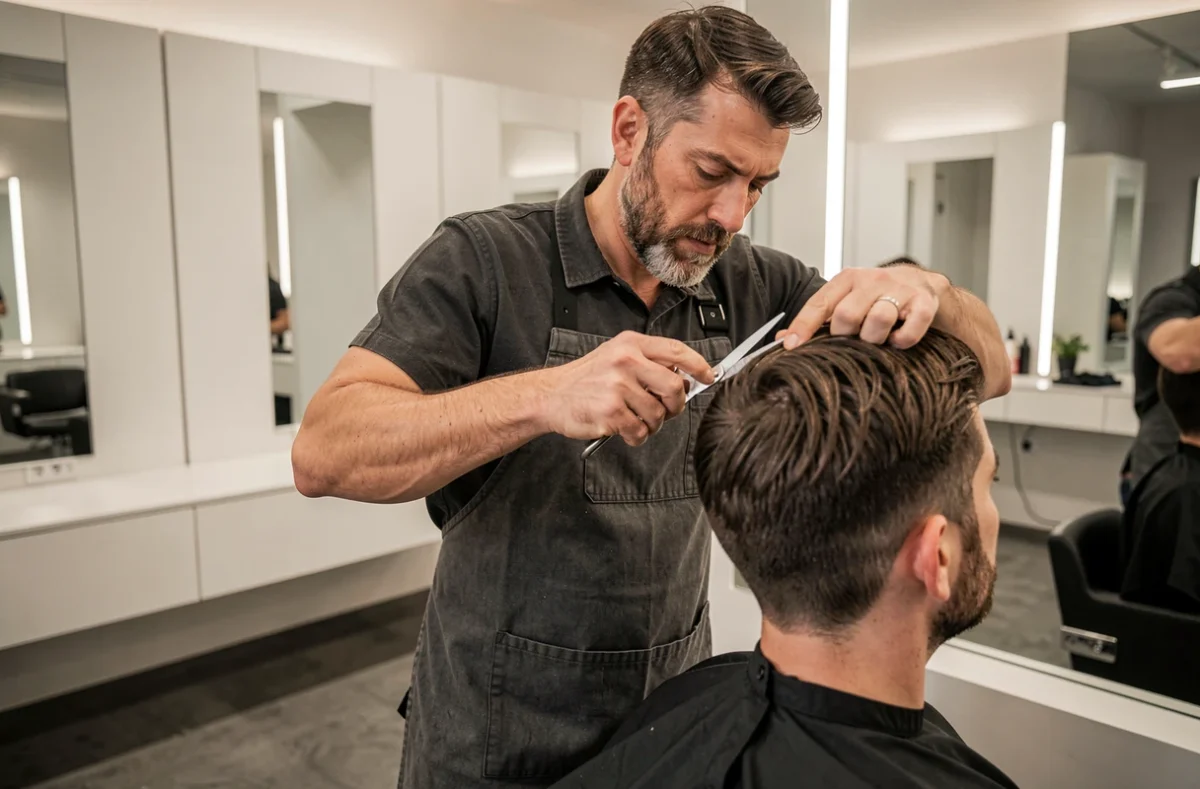 Coiffeur masculin réalisant une coupe précise au ciseau dans le salon Cyril Franck à Montrouge