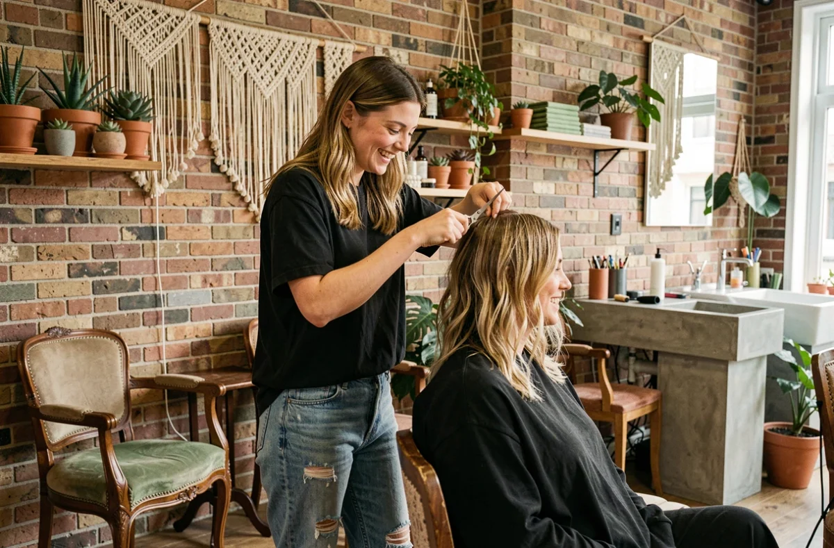Coiffeuse décontractée coupant les cheveux ondulés d'une cliente dans le salon bohème Décontrac'Styl à Sèvres