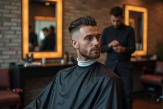 Homme aux cheveux courts avec dégradé et raie sur le côté fraîchement réalisés chez le barbier