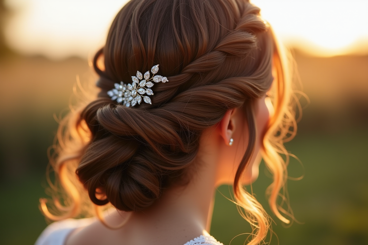 Zoom sur une coiffure de mariage avec pinces brillantes