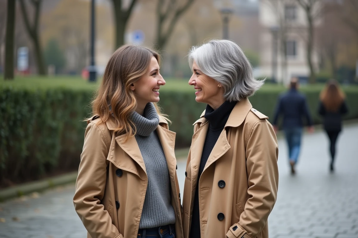 Deux femmes discutant dans un parc urbain au printemps