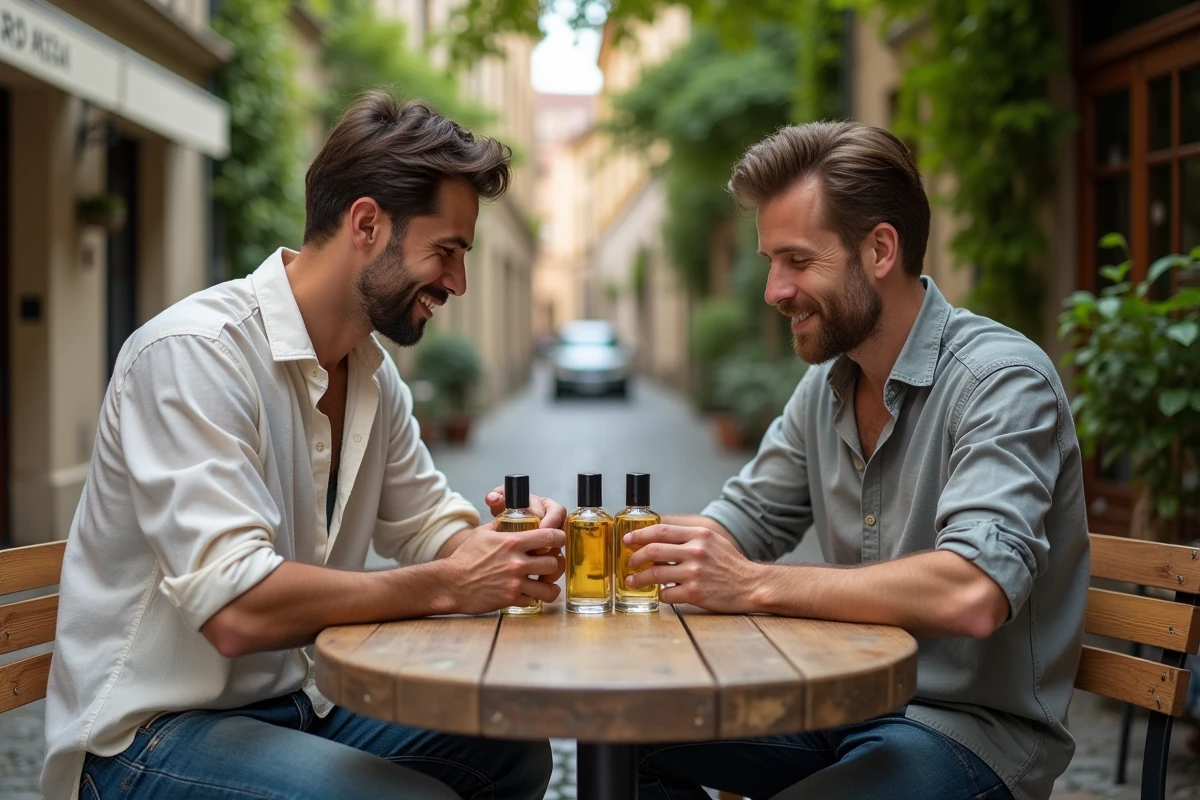 Deux hommes en terrasse de café comparant des parfums