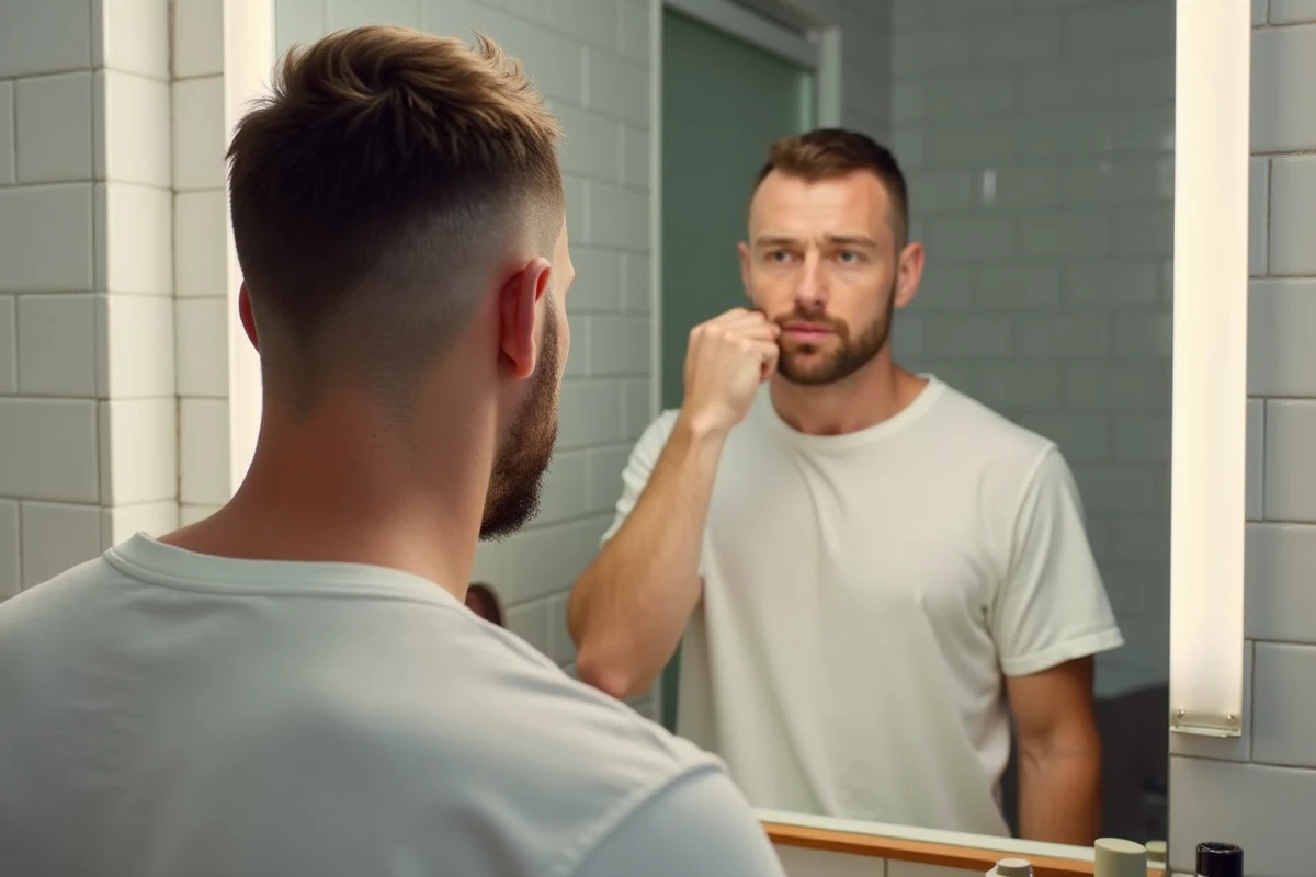 Homme examinant son dégradé raie sur le côté entre deux séances chez le barbier dans sa salle de bain