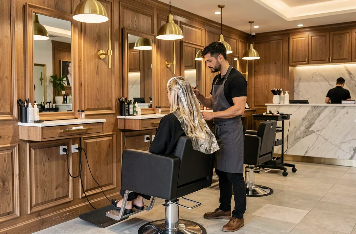 Client avec des mèches en feuilles d'aluminium et styliste dans le salon Eric Stipa à Clichy