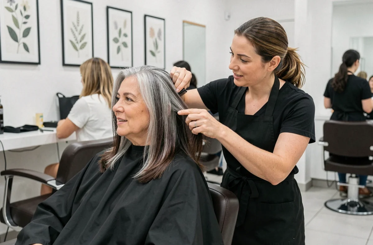 Femme en transition capillaire gris naturel discutant avec une coiffeuse dans un salon moderne