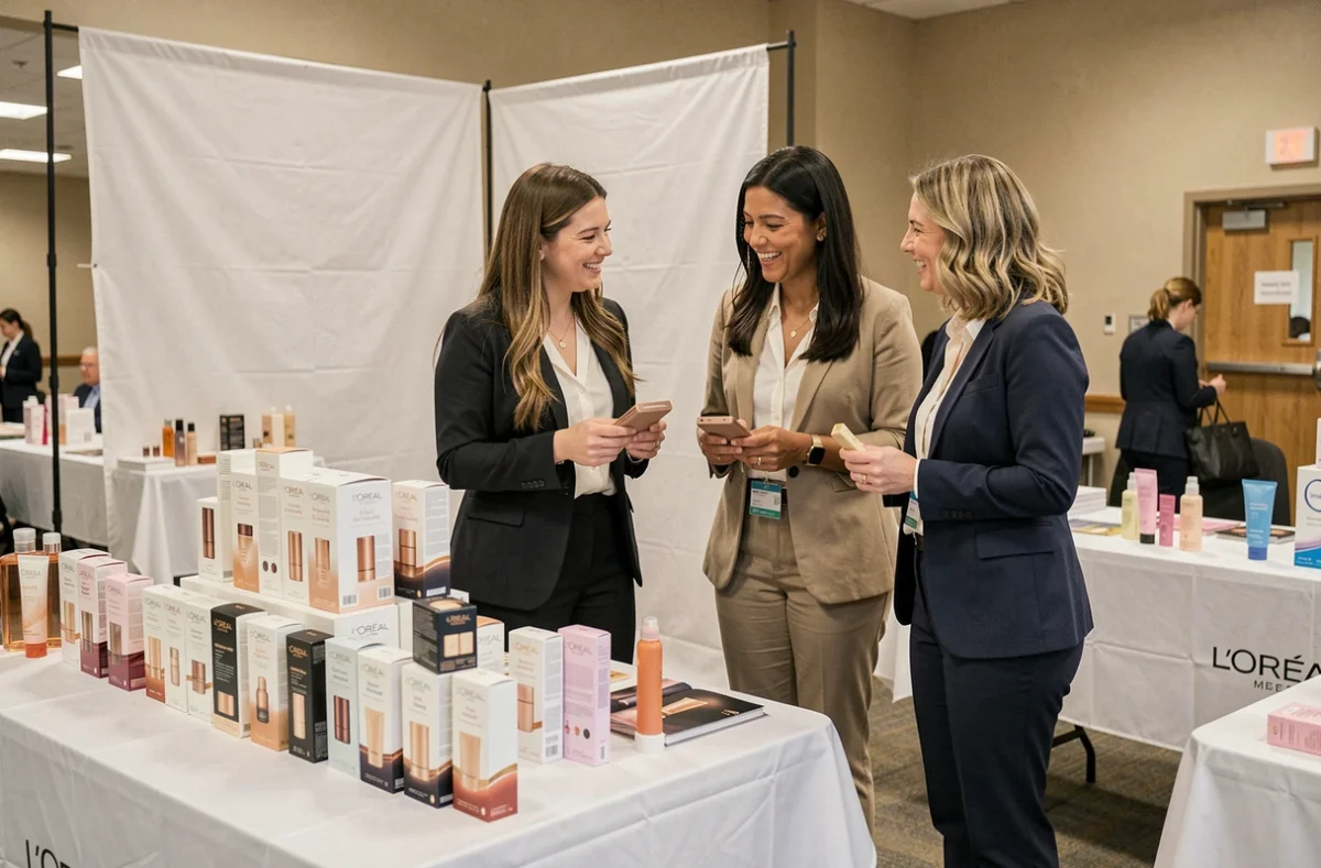 Deux employées L'Oréal examinant des produits cosmétiques lors d'un événement de vente au personnel