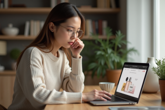 Femme en intérieur achetant parfum sur son ordinateur