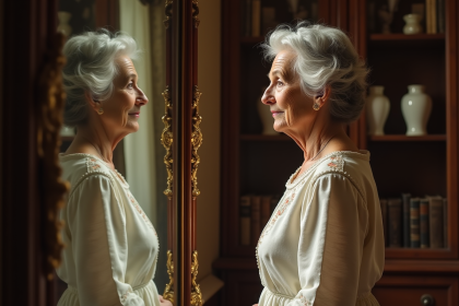 Femme âgée regardant son reflet dans un miroir ancien