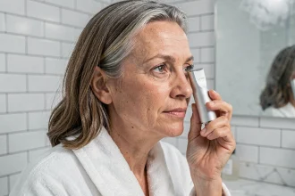 Femme de 40 ans utilisant l'appareil anti-rides LYMA dans sa salle de bain, séance de soin quotidienne