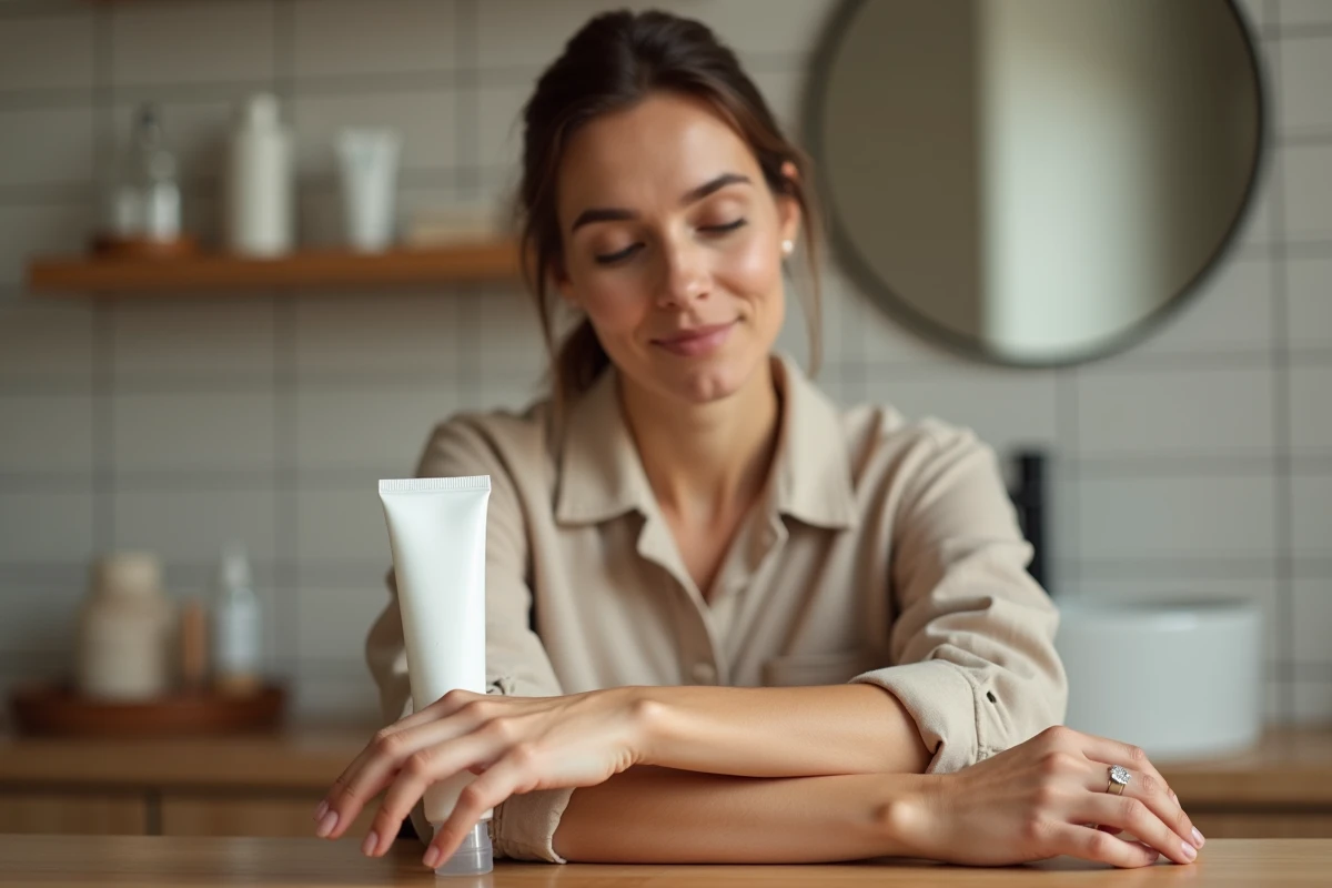 Femme appliquant de la crème hydratante sur son avant-bras dans une salle de bain naturelle