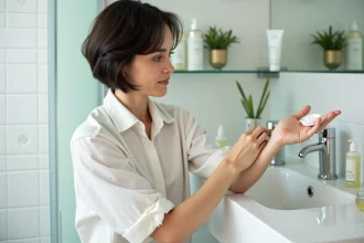Femme appliquant une crème réparatrice sur son avant-bras dans une salle de bain moderne, comparaison entre produits Halcare et crèmes de pharmacie