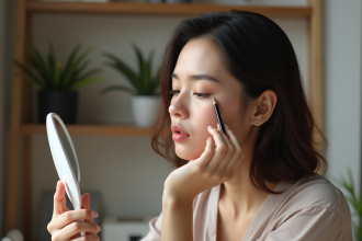 Jeune femme appliquant un crayon à yeux dans un miroir