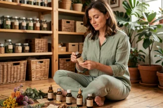 Femme artisane examinant des extraits botaniques dans un atelier de bien-être naturel avec des plantes et des huiles essentielles