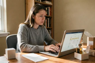 Femme frustrée rédigeant un avis négatif en ligne sur un produit Chogan depuis son bureau à domicile