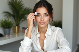 Femme confiante avec maquillage permanent dans un studio moderne