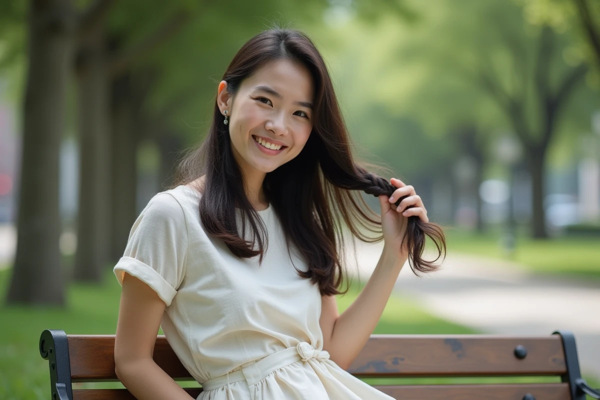 Femme souriante tressant ses cheveux dans un parc