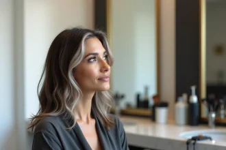 Femme brune aux reflets gris naturels blended dans un salon de coiffure moderne, illustrant la technique du grey blending