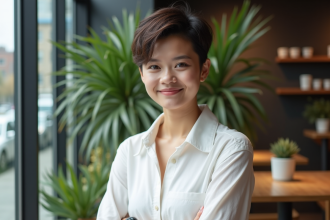 Femme souriante dans un café moderne avec vue urbaine