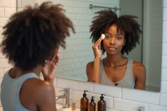 Femme aux cheveux bouclés appliquant une crème définissante sur ses boucles naturelles devant un miroir de salle de bain