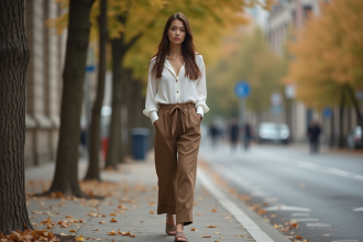 Femme élégante marchant dans une rue urbaine automnale