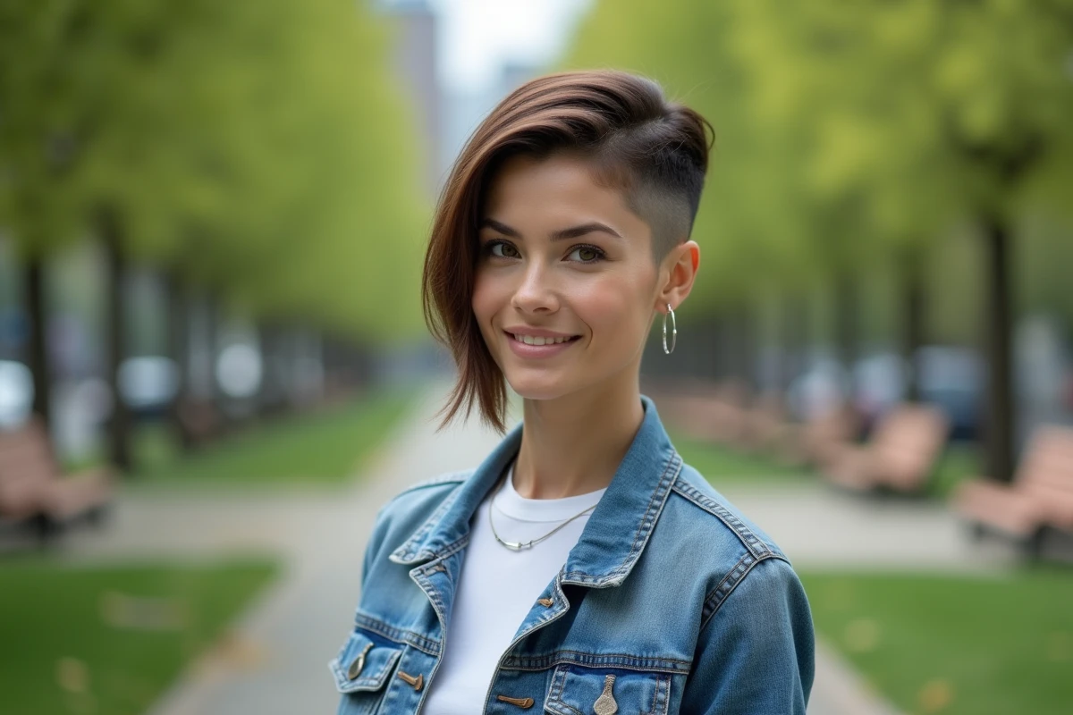 Femme avec coupe nette dans un parc urbain en extérieur