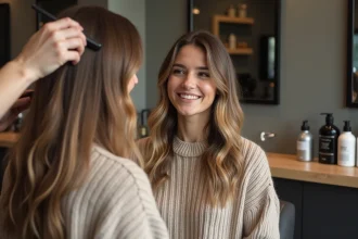 Femme souriante dans un salon de coiffure moderne