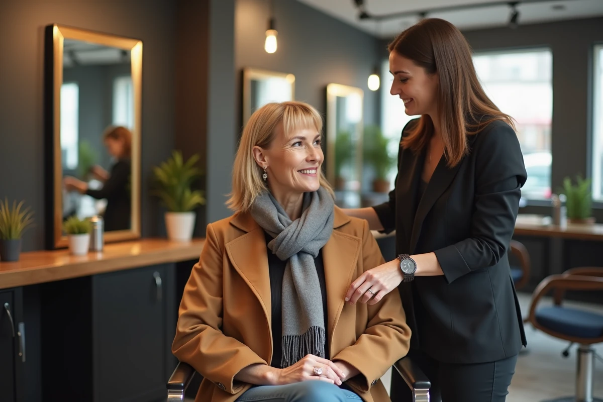 Femme élégante en salon avec coiffeur souriant