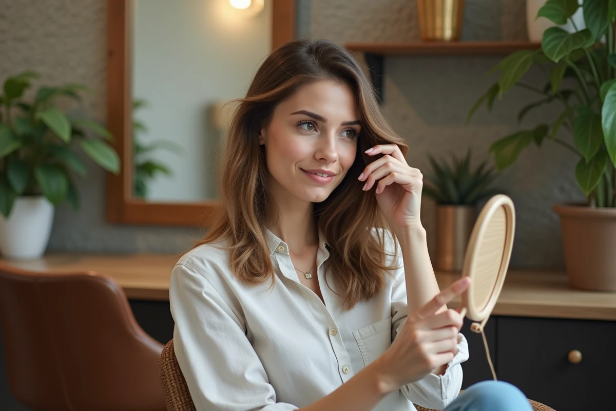 Femme examinant ses cheveux dans un salon moderne