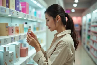 Femme comparant deux flacons de parfum dupe en grande surface beauté