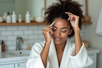 Femme utilisant un dermaroller sur le cuir chevelu à domicile dans une salle de bain propre et organisée