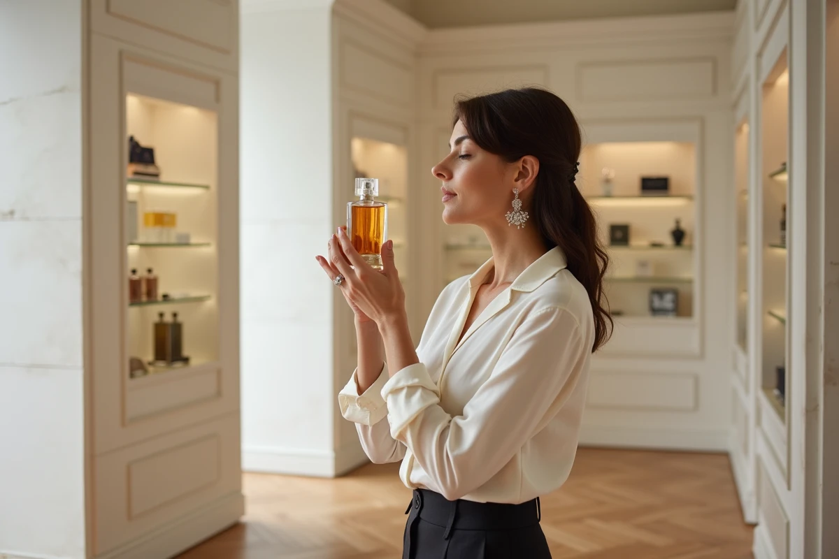 Femme élégante dans une boutique de luxe tenant un flacon de parfum rare avec une expression sereine