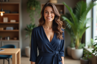 Femme élégante en robe navy dans une boutique moderne