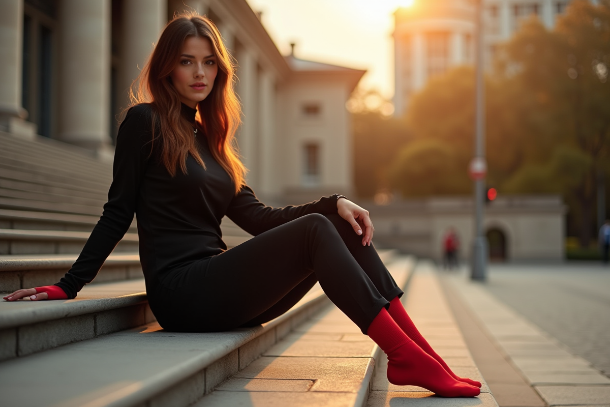 Femme assise sur des escaliers avec chaussettes rouges