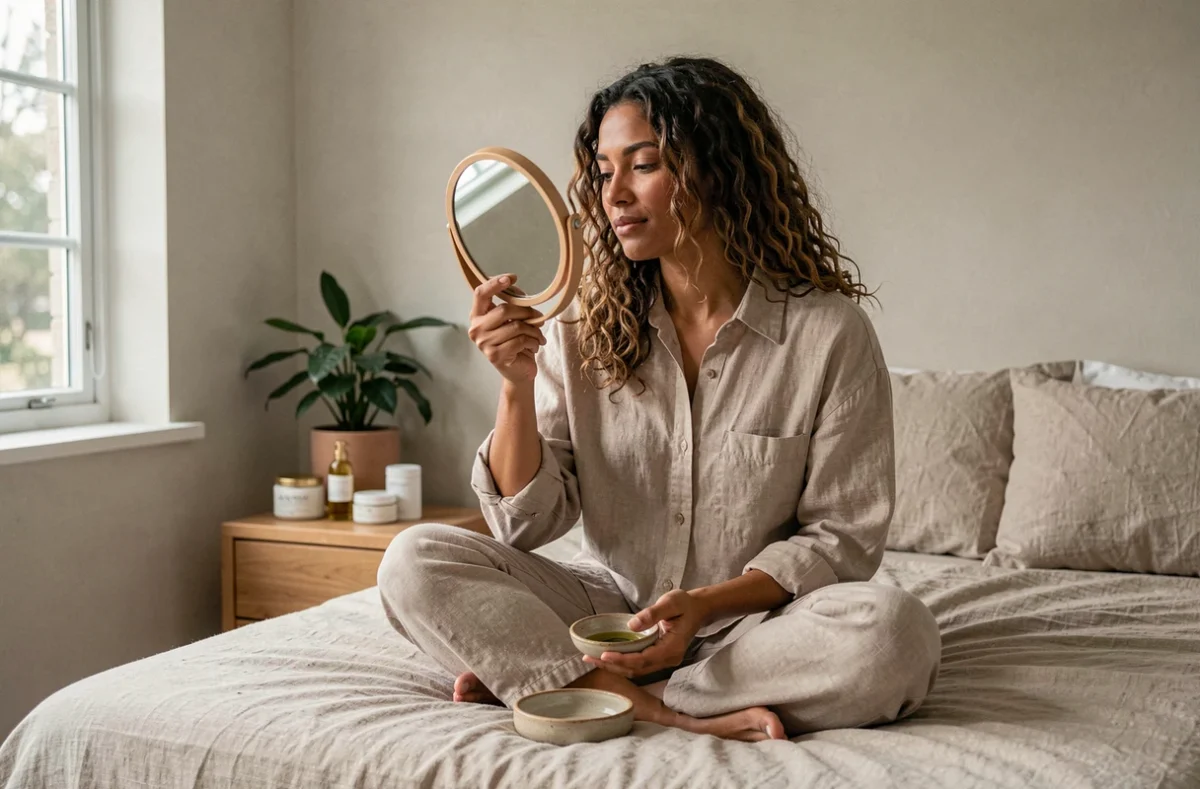 Femme examinant sa peau dans un miroir à main tenu dans une chambre lumineuse, avec un bol d'huile d'olive posé à côté d'elle sur un lit en lin