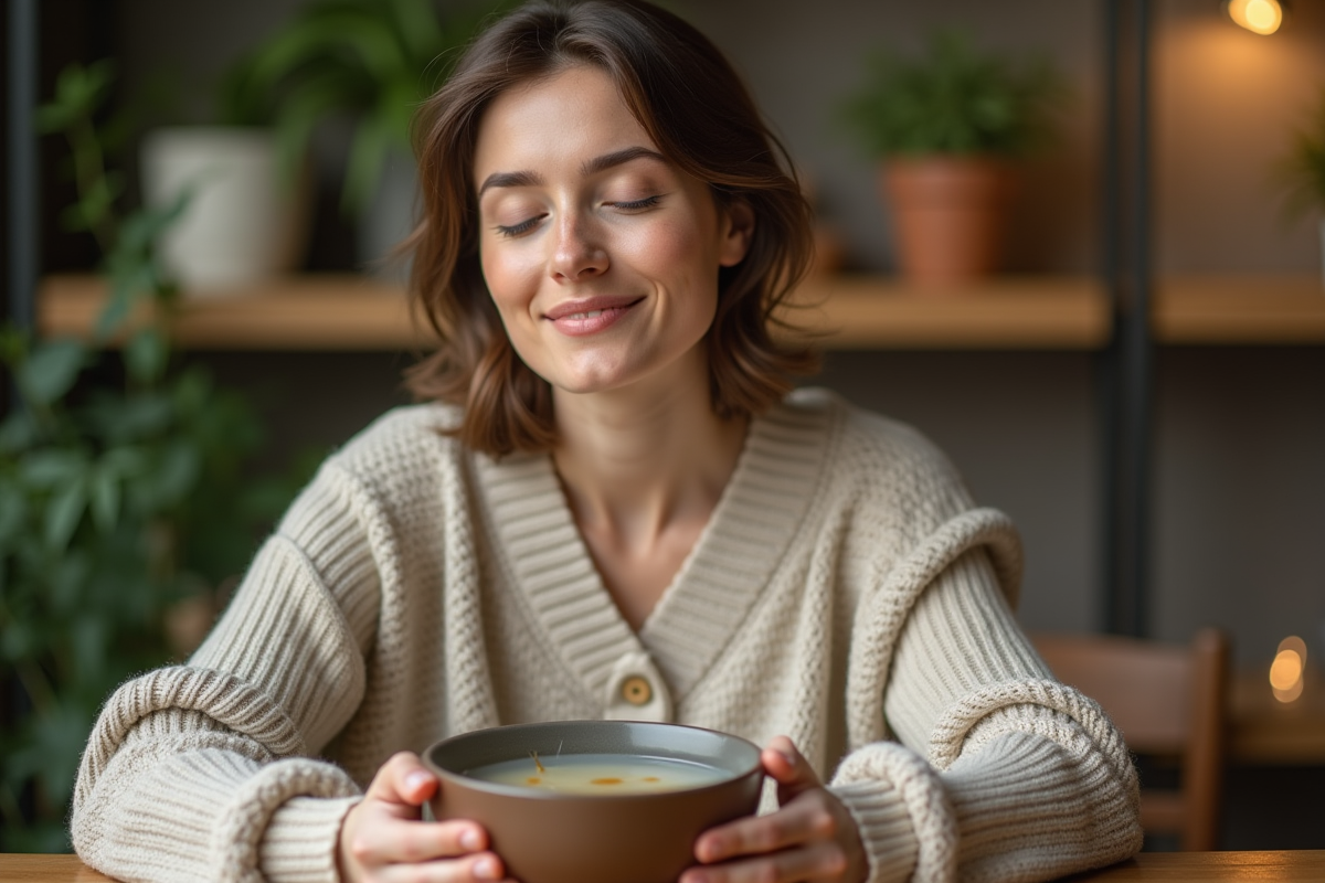 Femme en détente inhalant une huile essentielle