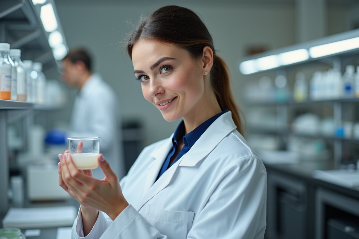 Femme en blouse blanche inspectant une crème cosmétique dans un laboratoire