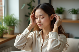 Femme appliquant une huile botanique sur le cuir chevelu dans un intérieur lumineux