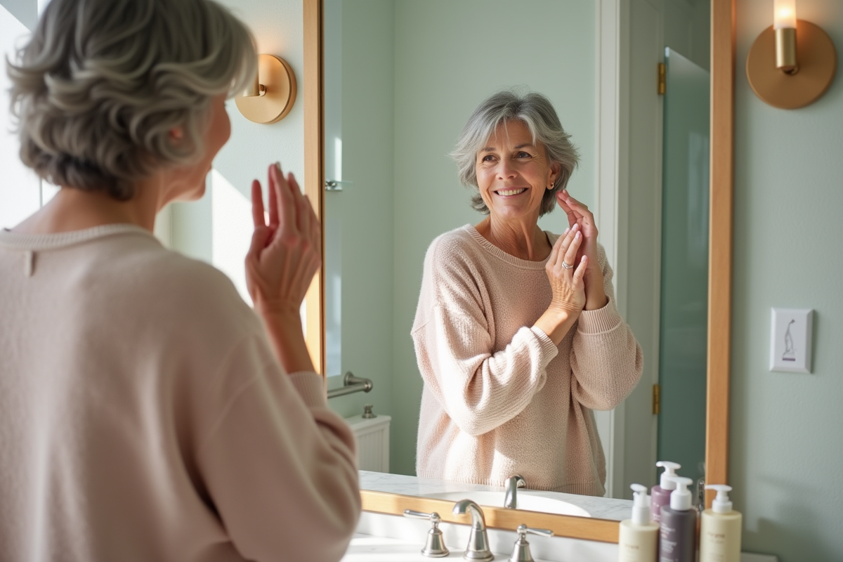 Femme mature se coiffant dans un miroir lumineux