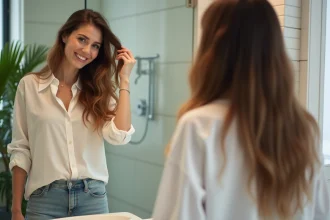 Femme regardant dans le miroir avec cheveux dégradés