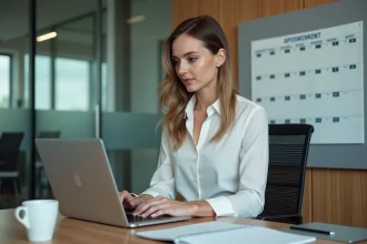 Femme en tenue professionnelle organise ses rendez-vous en ligne