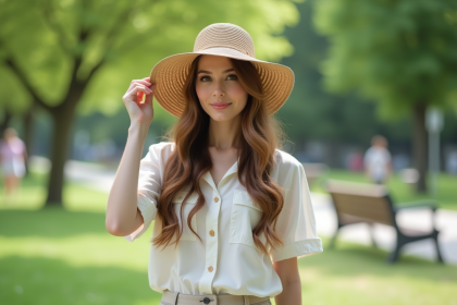 Femme en été dans un parc verdoyant avec chapeau en paille