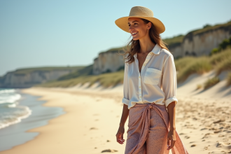 Femme en chapeau de paille marche sur la plage en été