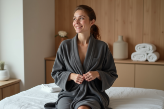 Femme détendue en robe de coton dans un centre bien-être