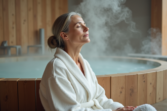 Femme détendue dans un spa intérieur en coton blanc
