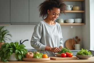Femme en cuisine préparant une salade fraîche et colorée