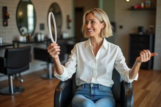 Femme souriante dans un salon de coiffure moderne