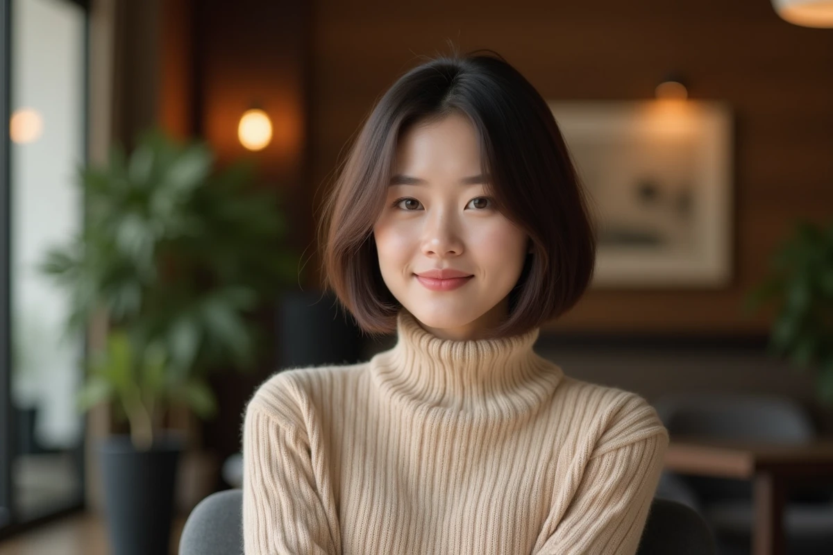 Femme élégante en salon moderne avec décor chaleureux